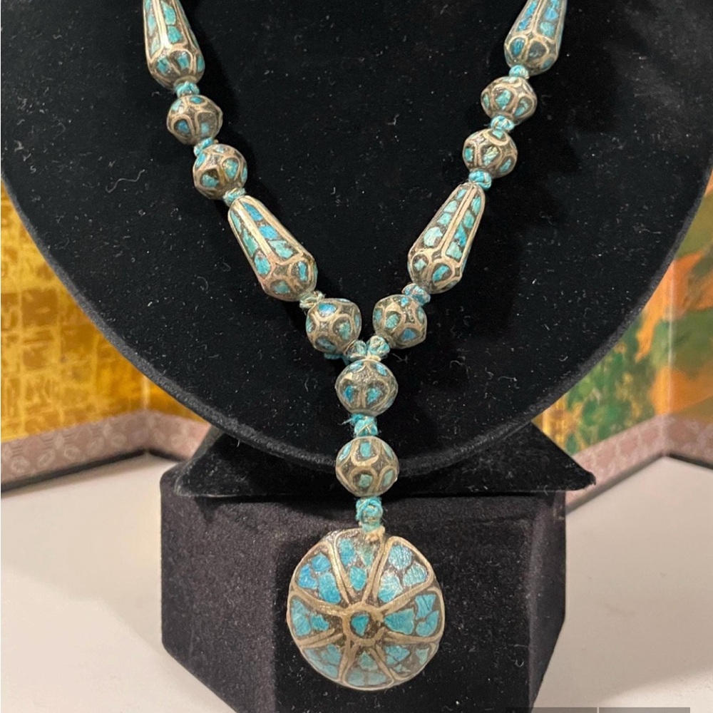 Vintage Nepal Turquoise and Brass Inlay Bead Necklace
